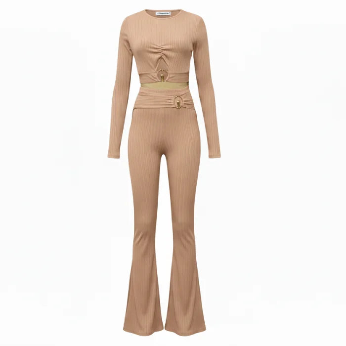two piece set beige ribbed outfit with long sleeve crop top and flared pants designed for a sleek flattering fit