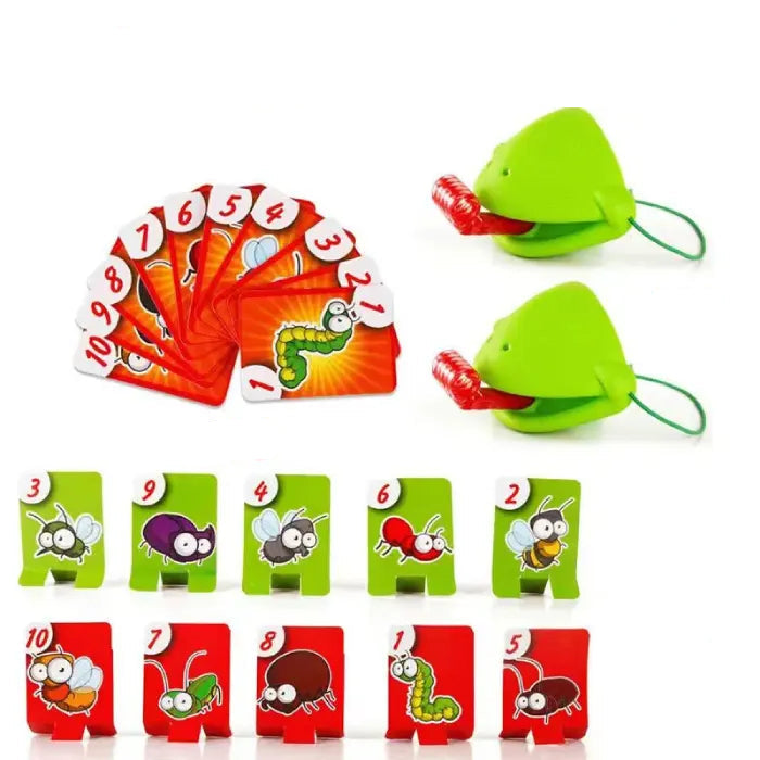 Complete set contents for two-player lizard battle game including cards and tongue catchers with quantity markers