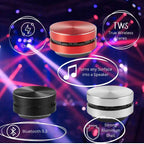 tws bluetooth speaker features highlighting fast charge, wireless stereo, and surface vibration technology in modern design