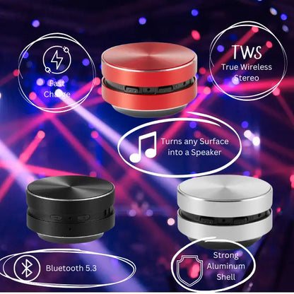 tws bluetooth speaker features highlighting fast charge, wireless stereo, and surface vibration technology in modern design