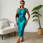 Blue tye dye form-fitting dress with a sleeveless design, ruched sides, and a side slit for added elegance.