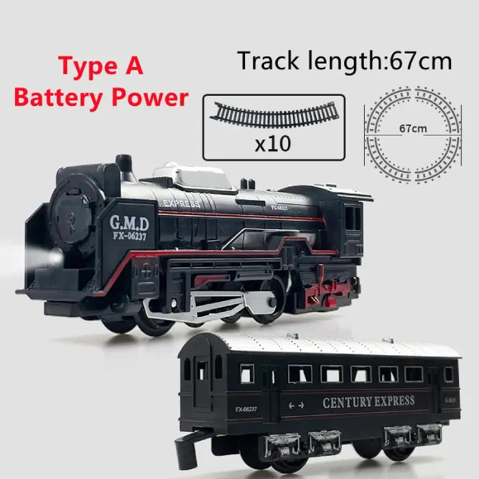 Battery-powered toy train set featuring a black locomotive and passenger cars with a 67cm circular track.