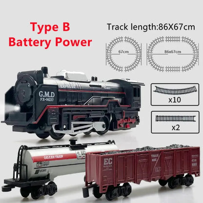 Battery-powered toy train set with coal and tanker cargo cars on an 86x67cm track