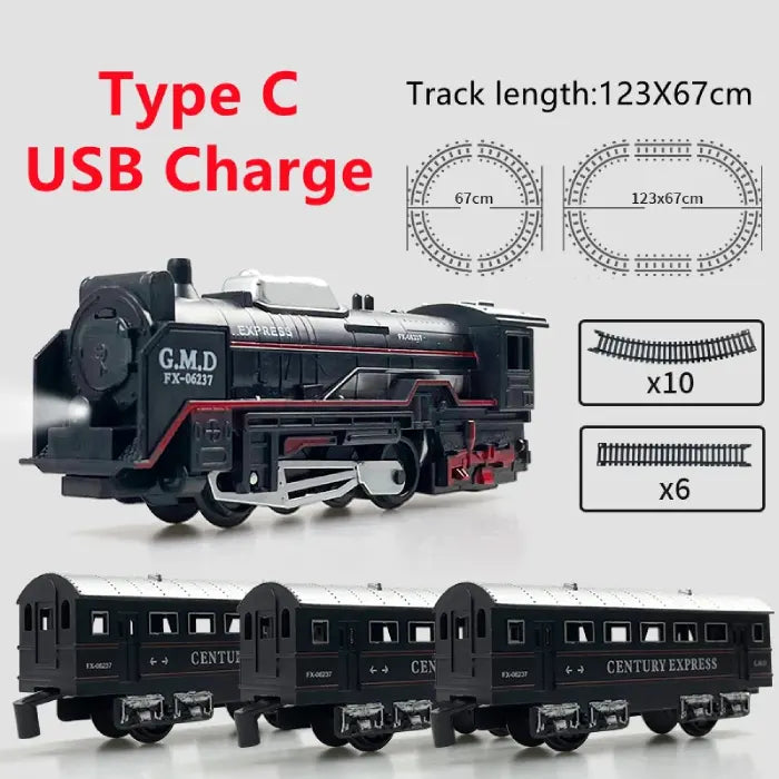 USB-charging toy train set with passenger cars and a track layout measuring 123x67cm