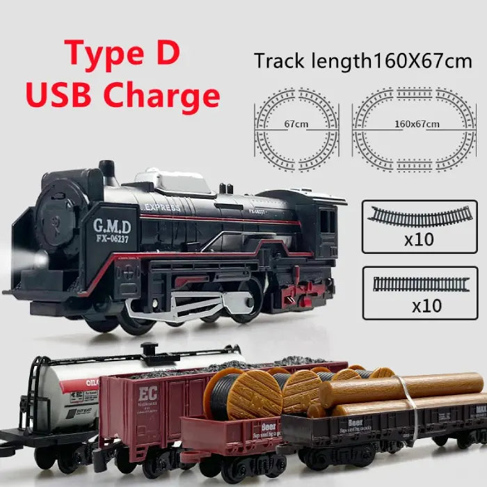 USB-charging toy train set with multiple cargo cars and a 160x67cm track layout.