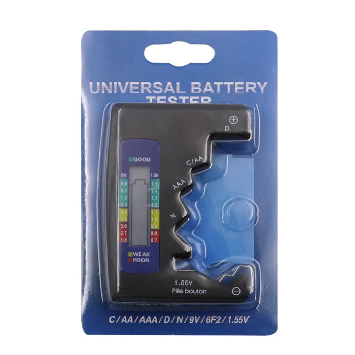 Packaged universal battery tester with a multi-color display, compatible with AA, AAA, D, C, N, and 9V batteries.