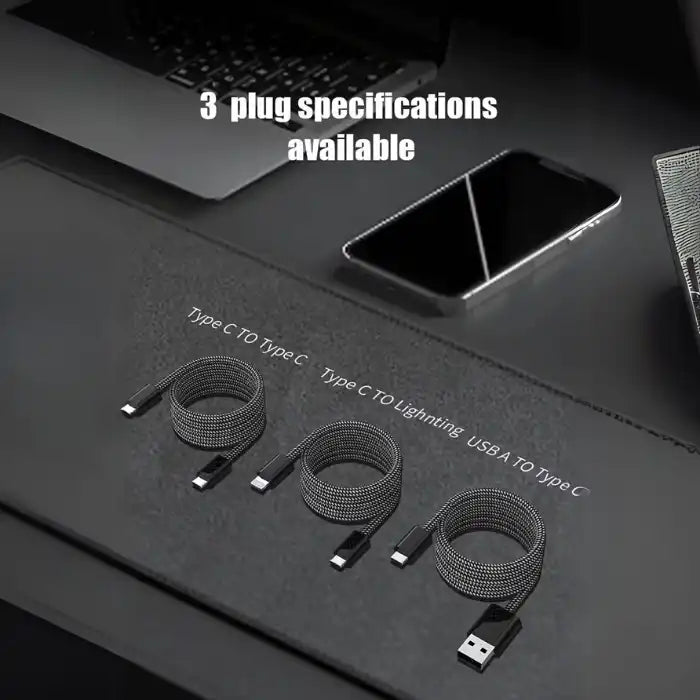 USB C cable displaying three connector variations - Type-C to Type-C, Type-C to Lightning, and USB-A to Type-C on dark surface