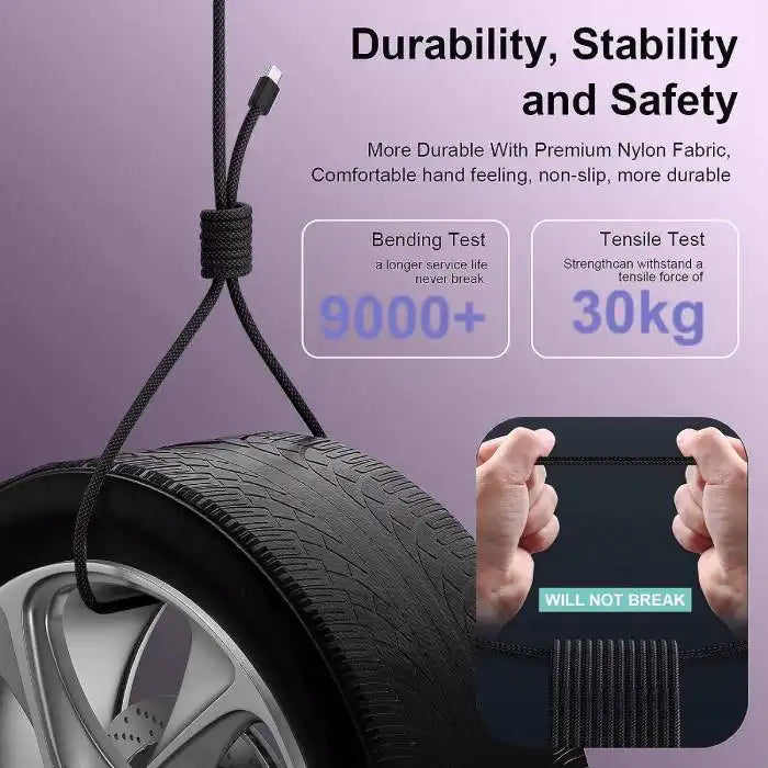 USB C cable undergoing durability testing showing 9000+ bend lifespan and impressive 30kg tensile strength capabilities