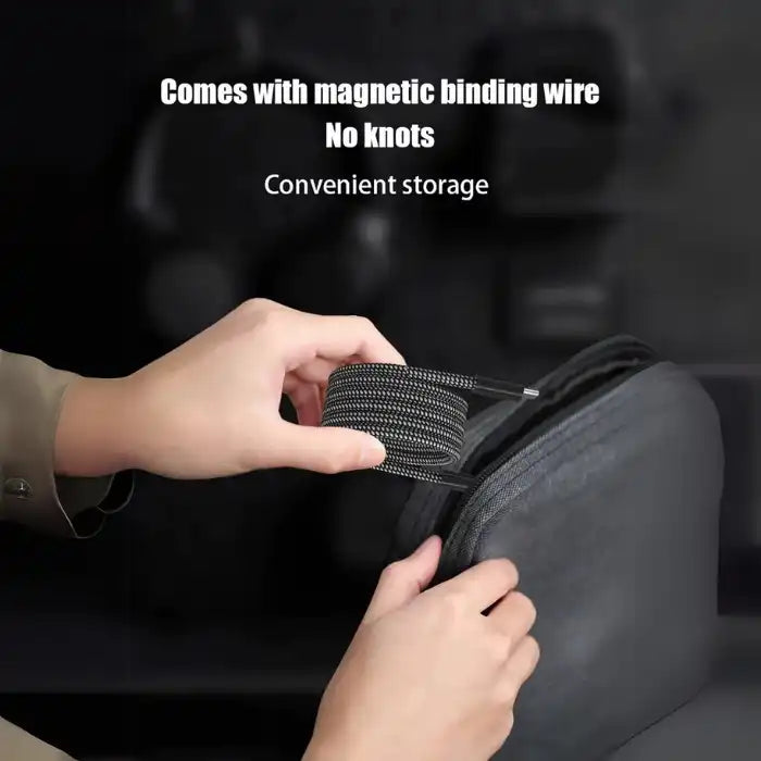 USB C cable with magnetic binding feature being stored in portable carrying case for convenient tangle-free transport