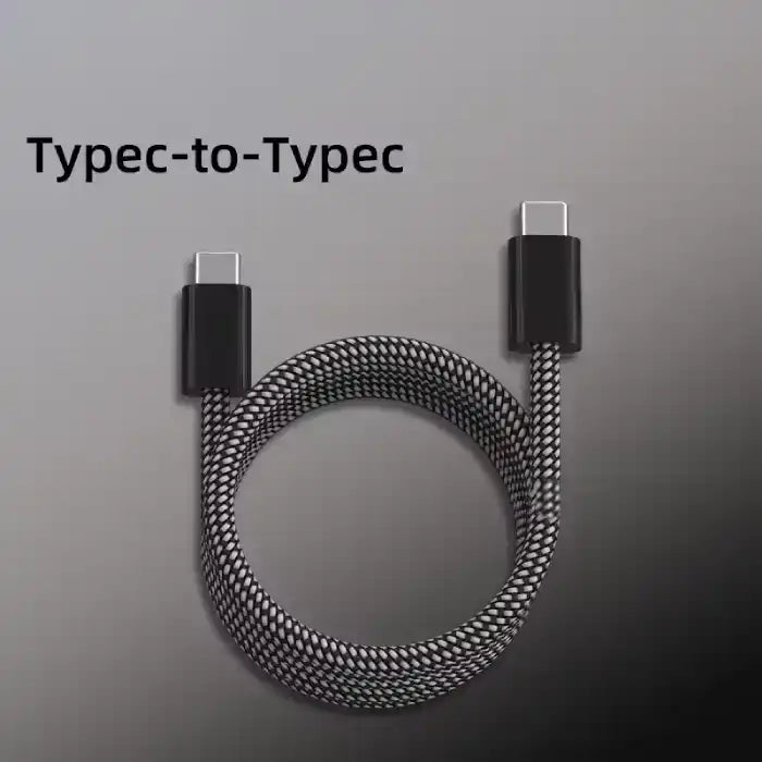 USB C cable featuring black braided nylon construction with USB-C connectors on both ends for fast device charging