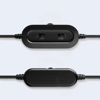 Black USB controller for computer speakers with multiple ports and blue indicator lights