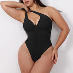 V neck shapewear bodysuit in black with asymmetric neckline shown in a sculpting fit, offering supportive shaping ideal for sleek styling