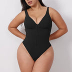V neck shapewear bodysuit in black shown front-facing, featuring sculpting tummy control, zipper front, and smooth supportive compression shaping