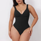 V neck shapewear bodysuit in black shown front-facing, highlighting sculpting compression, zipper front, and smooth supportive shaping fit