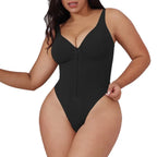V neck shapewear bodysuit in black shown from a side angle, highlighting sculpting compression, smooth contouring, and supportive shaping design