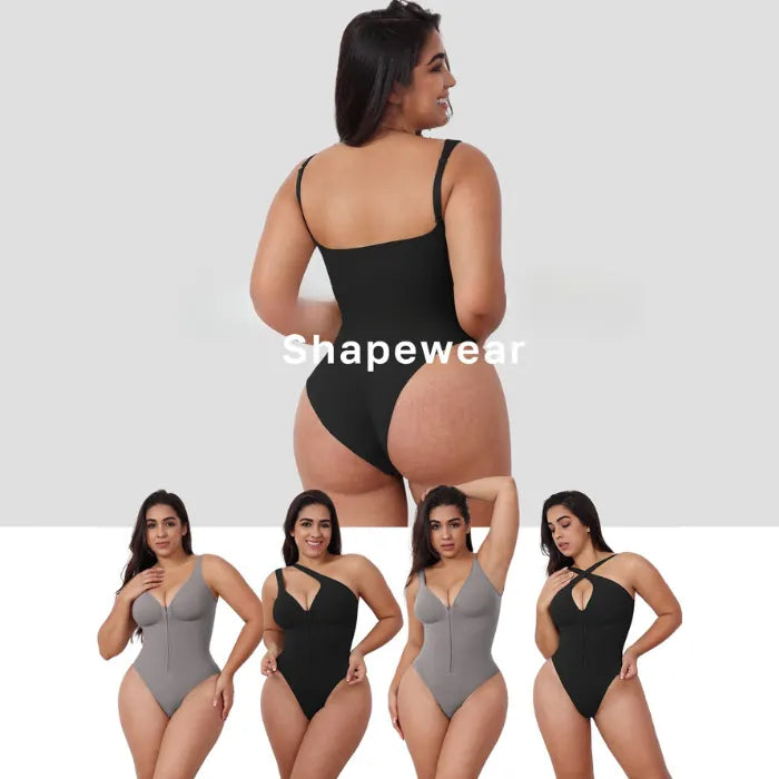V neck shapewear bodysuit collection displayed in multiple colors, highlighting sculpting fits and supportive designs for versatile styling