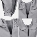 V neck shapewear bodysuit grey detail collage displaying zipper, stitching, and snaps, showcasing supportive compression features for comfort