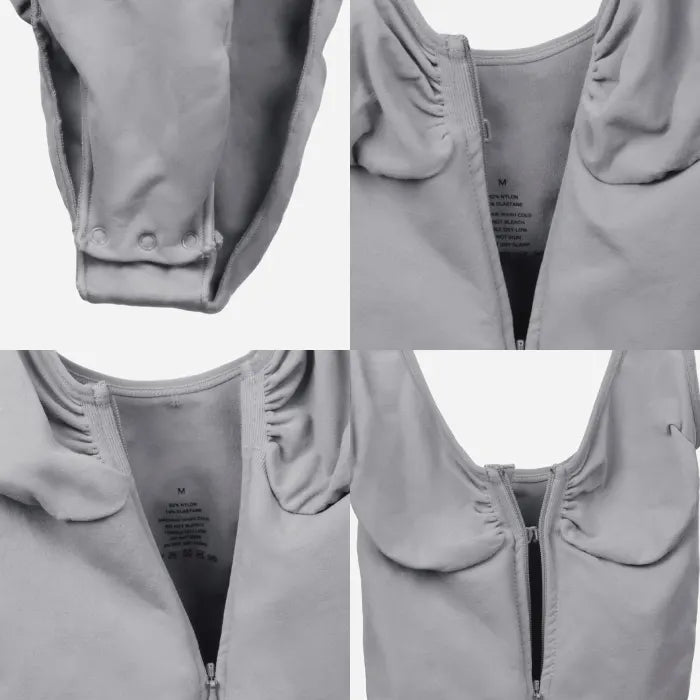 V neck shapewear bodysuit grey detail collage displaying zipper, stitching, and snaps, showcasing supportive compression features for comfort