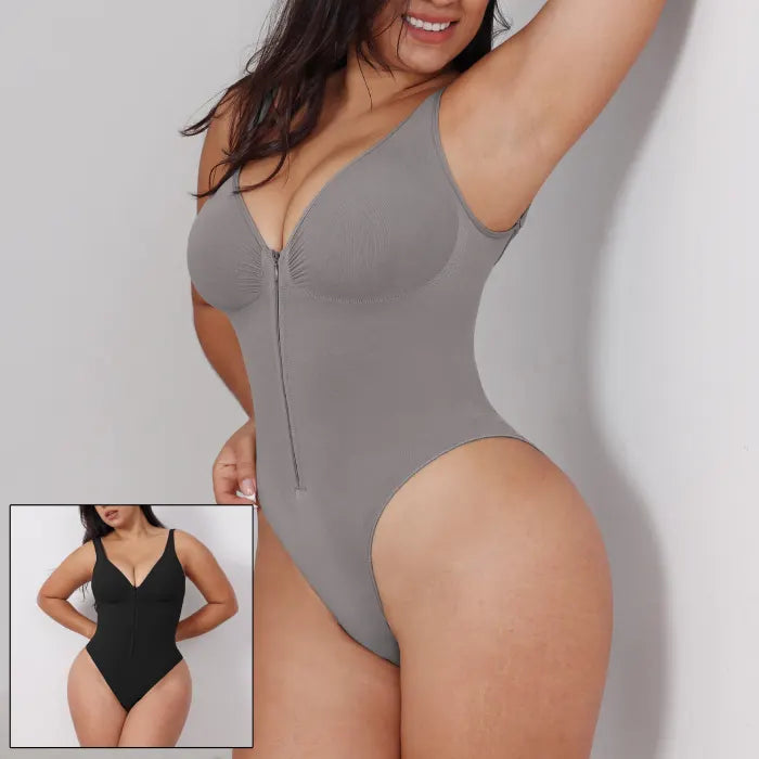 V neck shapewear bodysuit in grey with inset black view, showing sculpting compression, zipper front, and smooth supportive shaping for daily wear
