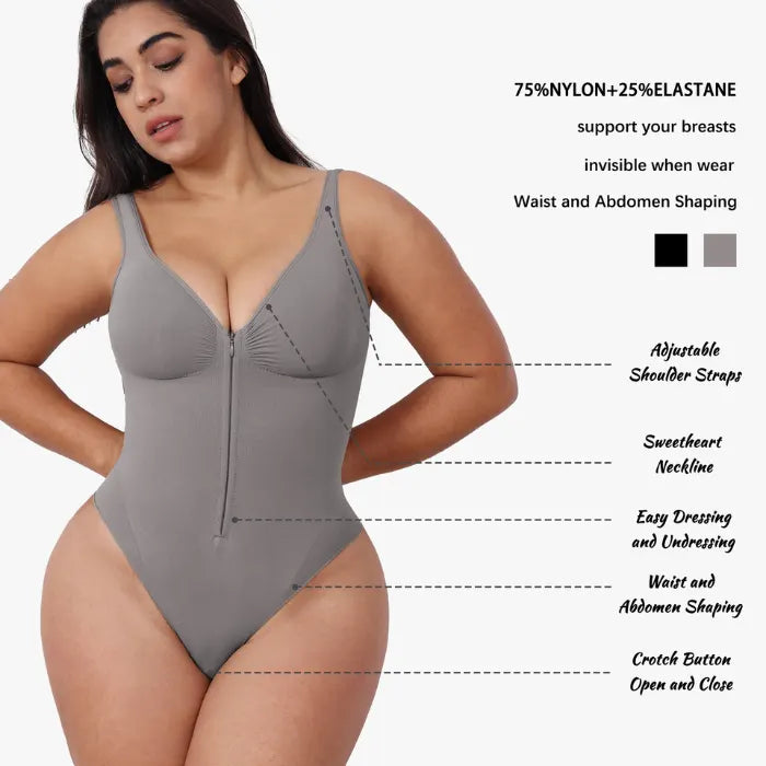 V neck shapewear bodysuit grey diagram highlighting adjustable straps, zipper front, targeted compression, and snap closure for convenience