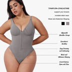 V neck shapewear bodysuit grey diagram highlighting adjustable straps, zipper front, targeted compression, and snap closure for convenience