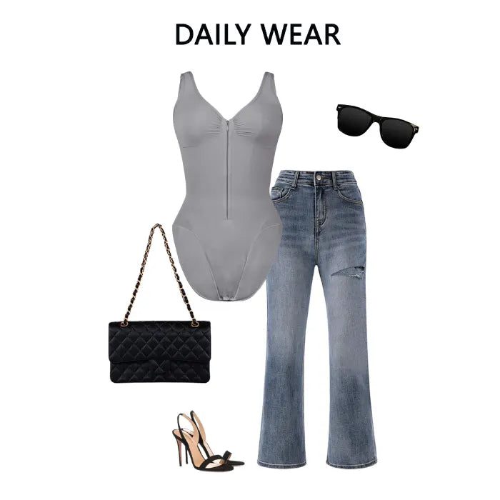 V neck shapewear bodysuit in grey shown with jeans, heels, and accessories, illustrating how the sculpting piece styles easily for daily wear