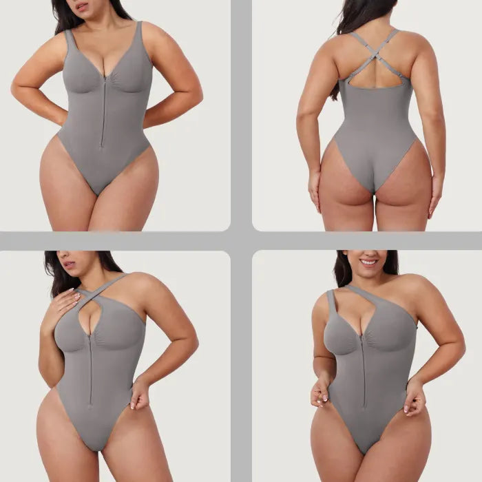 V neck shapewear bodysuit grey collage showing front, back, cross-strap, and asymmetric styles, highlighting versatile sculpting compression design