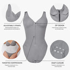 V neck shapewear bodysuit grey feature layout showing zipper, adjustable straps, compression zones, and snap closure for supportive shaping