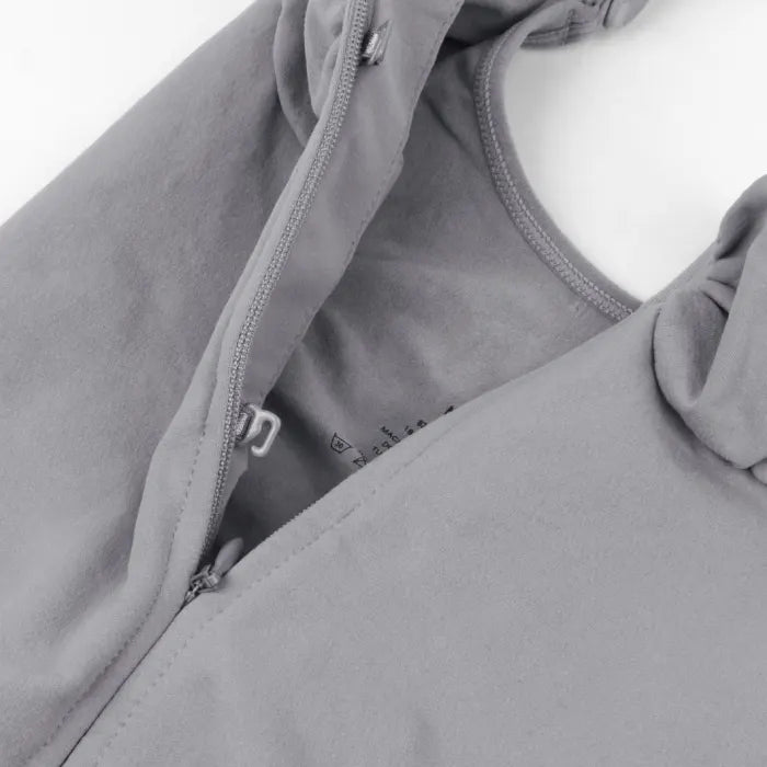 V neck shapewear bodysuit grey close-up showing zipper and hook design, highlighting secure closure and supportive compression structure