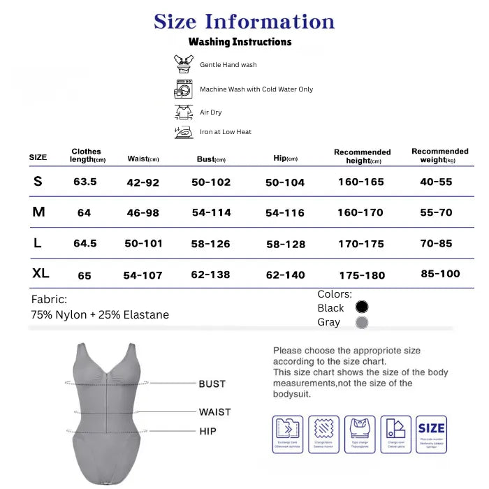 V neck shapewear bodysuit size chart showing measurements, fabric details, and fit guidance to help shoppers choose accurate supportive sizing
