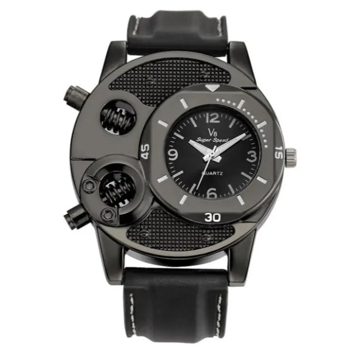 Front view of V8 racing watch with black dial, silver case, mesh texture panel and contrast stitched leather band