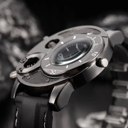 Side angle of V8 racing watch showing silver bezel and black leather band against dark background