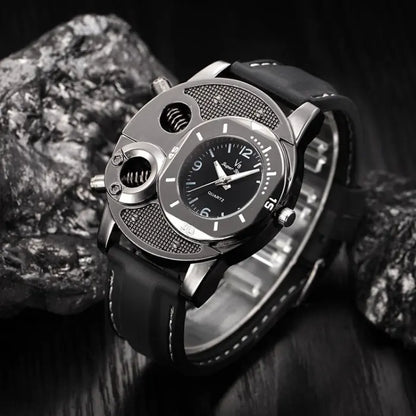 V8 racing watch with industrial springs displayed dramatically on black rocks with artistic lighting