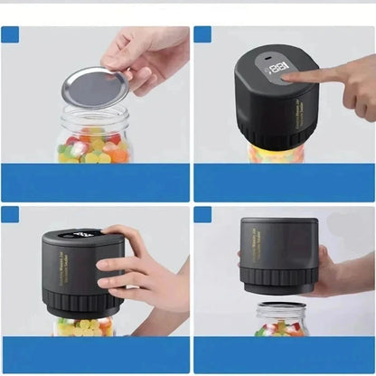 Step-by-step instructions for using electric vacuum sealer on mason jars, including placing lid, aligning device, and operating button