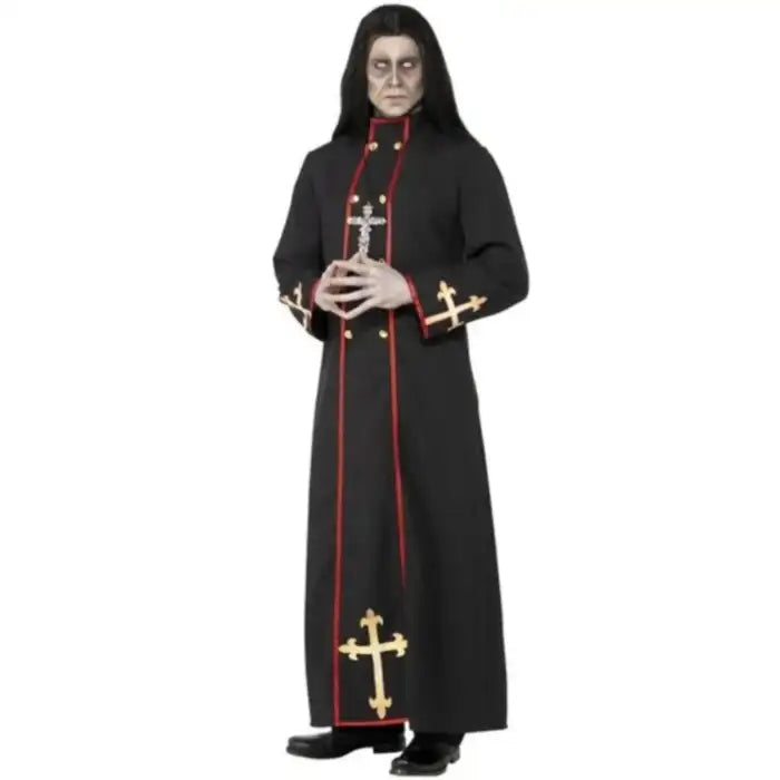 Vampire Cleric Robe showing close-up of chest cross and gold trim on model in front pose