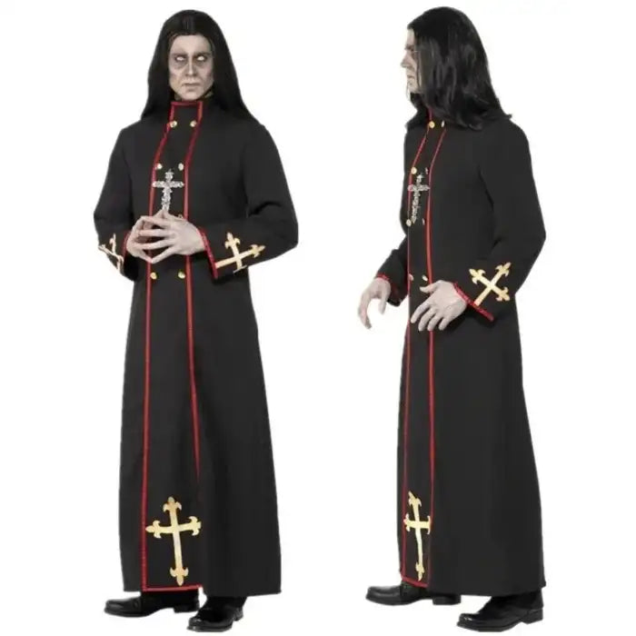 Vampire Cleric Robe with cross detail and long sleeves shown from front and side views on model
