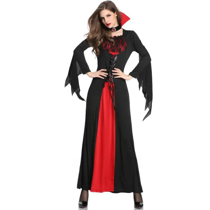 Vampire gown Halloween costume with long black and red dress and high collar.