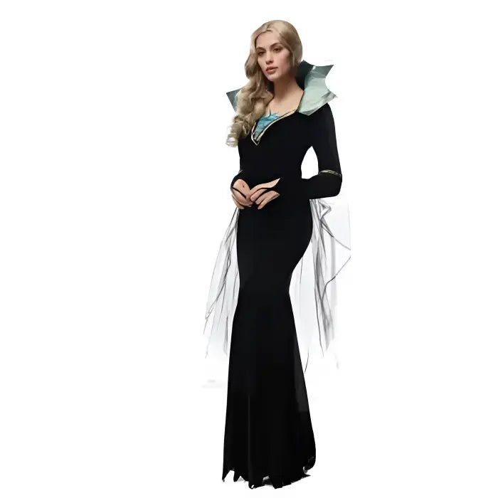 Vampire queen Halloween costume with long black gown and dramatic collar.