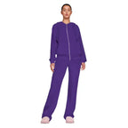 Velour tracksuit in violet with zip hoodie and wide-leg pants, sleek athleisure comfort for errands and travel today