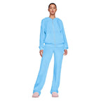 Velour tracksuit in sky blue featuring a zip hoodie and wide-leg pants for soft lounge set comfort all season wear