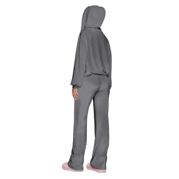 Velour tracksuit back view in gray with a soft hooded jacket and flowing pants for elevated loungewear style