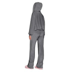 Velour tracksuit back view in gray with a soft hooded jacket and flowing pants for elevated loungewear style