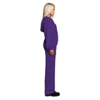 Velour tracksuit in deep purple shown from the side with a relaxed hoodie and straight pants for soft premium comfort wear