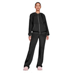 Velour tracksuit in black featuring a full zip hoodie and relaxed pants for sleek athleisure comfort all day long