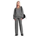 Velour tracksuit in charcoal gray with zip hoodie and wide leg pants for soft lounge set comfort and daily errands