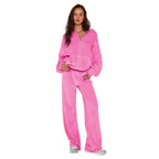 velour tracksuit womens in pink, cute plush zip hoodie and matching pants for cozy athleisure days and nights too