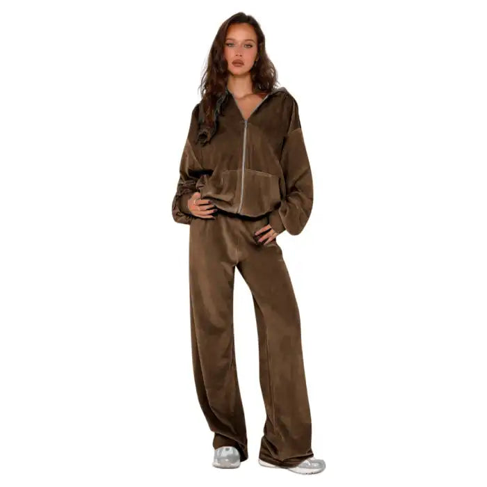 velour tracksuit womens in chocolate brown, soft two-piece loungewear set with zip hoodie and wide-leg pants for warmth