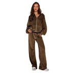 velour tracksuit womens in chocolate brown, soft two-piece loungewear set with zip hoodie and wide-leg pants for warmth