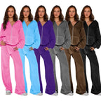 velour tracksuit womens color options lineup, zip hoodie and wide-leg pants set for cozy lounge style all-day comfort.
