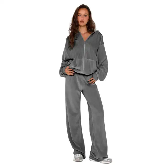 velour tracksuit womens in gray, premium velour zip-up hoodie and straight-leg pants set for travel-ready comfort